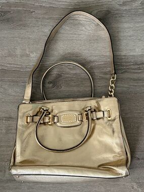 Michael Kors Gold Metallic Hamilton Handbag Satchel with Chain-Detail Strap
